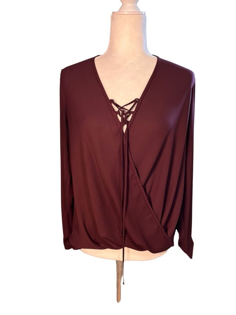 krisa long sleeve maroon draping blouse with lace up front - S